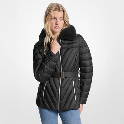 Michael Kors Faux Fur Trim Packable Nylon Puffer Jacket