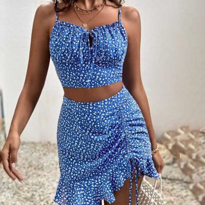 SHEIN Frenchy Floral Tie Front Crop Top With Strapless &amp; Drawstring Ruffle Skirts (code 196)