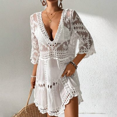 Shein Swim Vcay Women's Deep V-Neck 3/4 Sleeve Cover-Up Dress