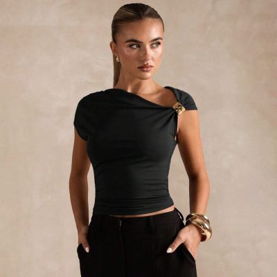 SHEIN BAE Women's Asymmetric Neck Ruffle Trim Solid Tees