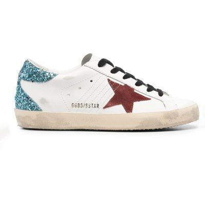 Golden Goose Super-Star heels in white and burgundy with light blue glitter Sneakers