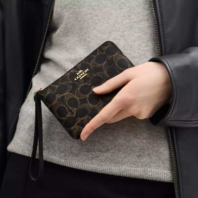 Coach Vintage Effect Signature Canvas Side Zip Wristlet Pouch