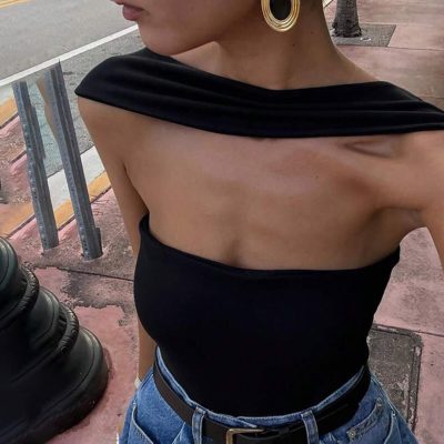 Shein ARA CHIC Women's Black French Style Off Shoulder Halter Neck Crop Top