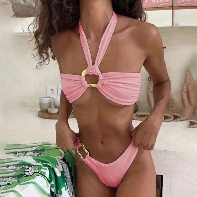 Shein New European and American style women's bikini spring summer, elegant and sexy, solid white halter neck