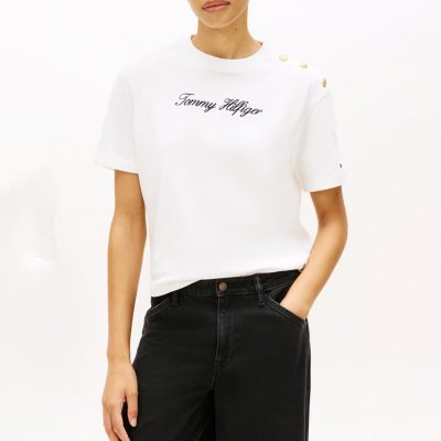 Tommy Hilfiger  GOLD-TONE BUTTON LOGO EMBROIDERY RELAXED T-SHIRT