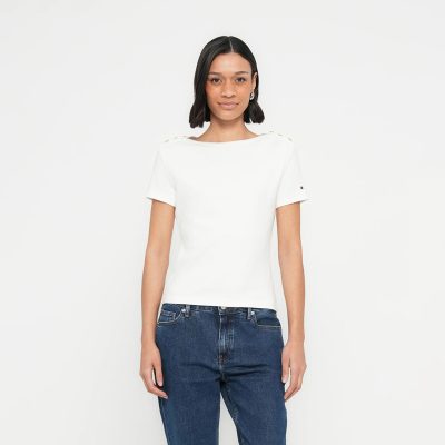 Tommy Hilfiger GOLD-TONE BUTTON SLIM BOAT NECK T-SHIRT