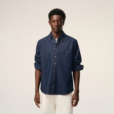 Ami Paris INDIGO Blue Denim Cotton Ami De Coeur Shirt