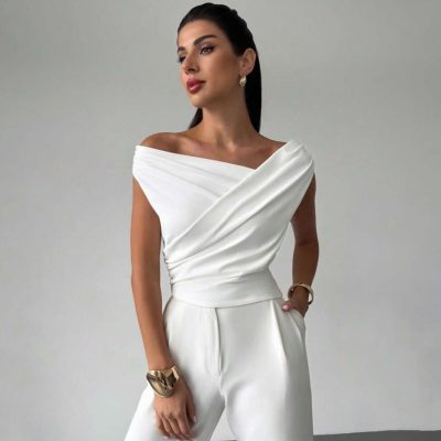 Shein Firerie Elegant sleeveless asymmetrical ruffle crop top