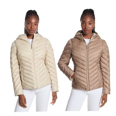 MICHAEL KORS Chevron Logo Print Quilted Nylon Reversible Jacket