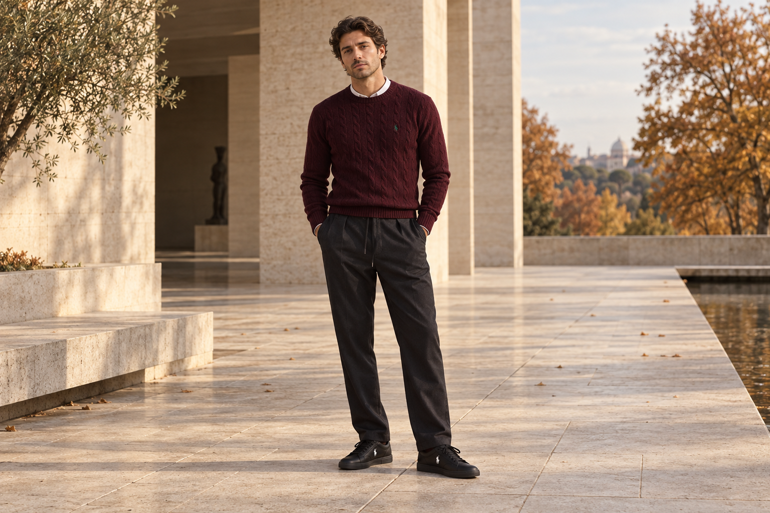 Burgundy Ralph Lauren cable knit with black Zara trousers and Ralph Lauren trainers