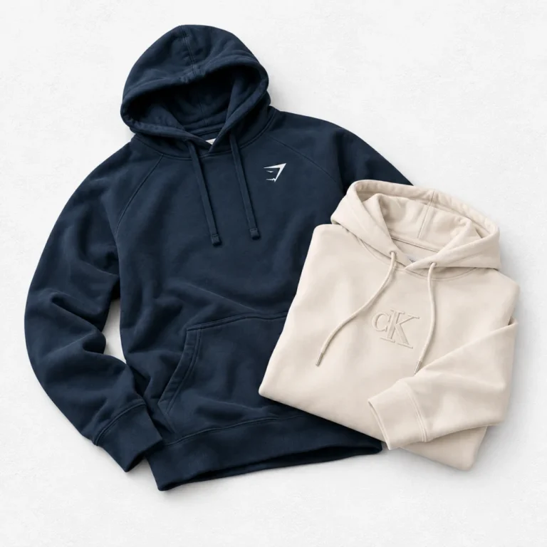Gymshark CREST HOODIE and Calvin klein Fleece Monogram Relaxed Hoodie arranged on a white cement background
