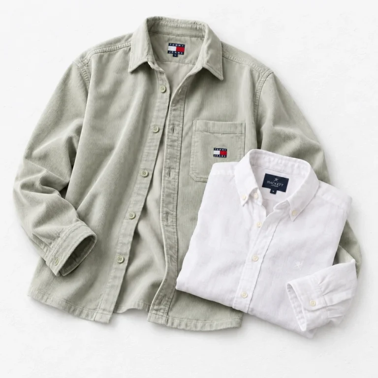 Tommy Jeans Brick Cord Overshirt and Hackett Button-Down Brushed Point Collar linen shirt arranged on a white cement background