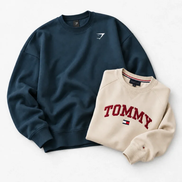 Gymshark CREST OVERSIZED CREW and Tommy hilfiger Varsity Tommy Logo Fleece Sweatshirt arranged on a white cement background