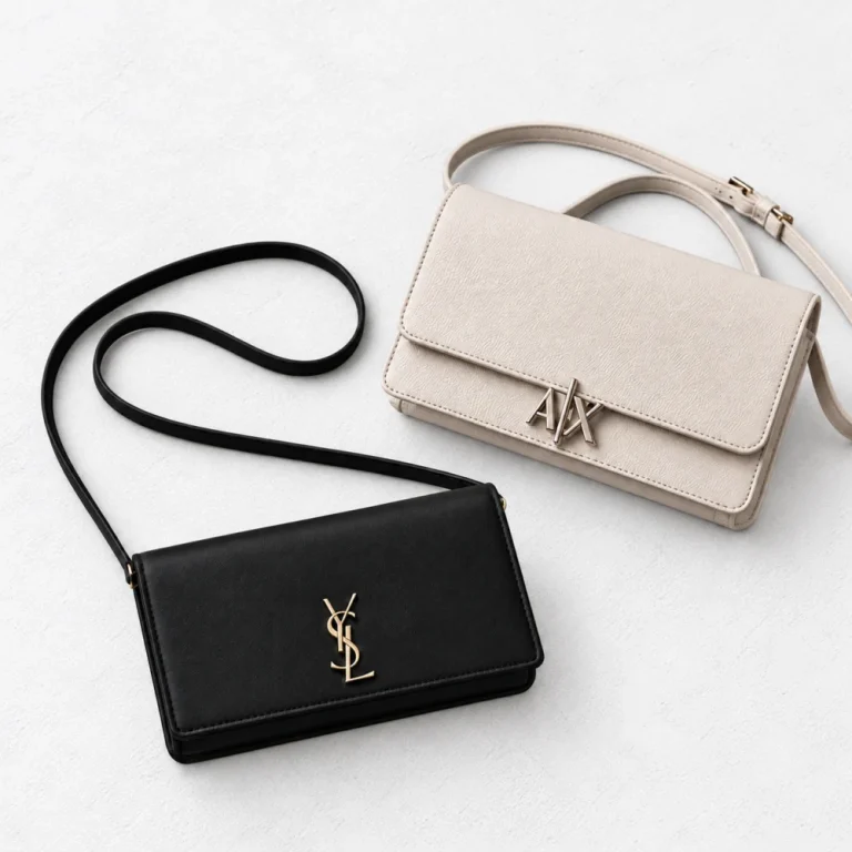 Ysl CASSANDRE SMARTPHONE CASE WITH SOFT LEATHER SHOULDER STRAP and Armani exchange Avril Textured Crossbody Bag arranged on a white cement background
