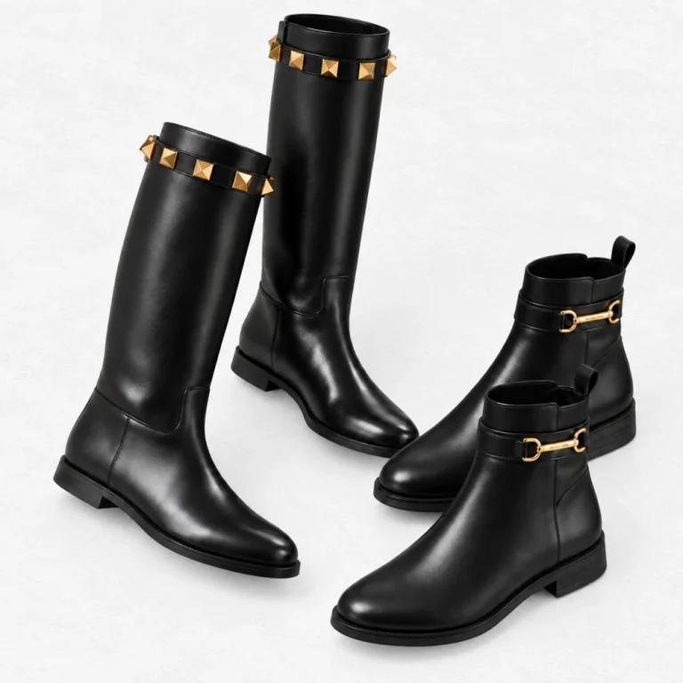 Valentino Calfskin Leather Roman Stud Boot 15mm and MICHAEL KORS Carson Ankle Boot arranged on a white cement background