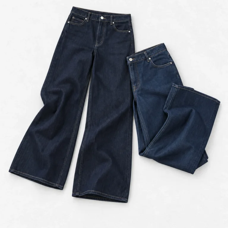 Mango Catherin jeans culotte high waist jeans and Mango Wide Leg Low Waist Jeans arranged on a white cement background