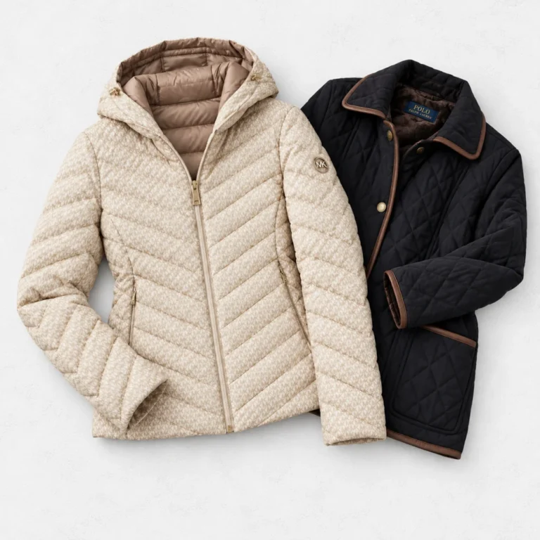 MICHAEL KORS Chevron Logo Print Quilted Nylon Reversible Jacket and Ralph Lauren Women's Quilted Velboa-Lined Coat arranged on a white cement background