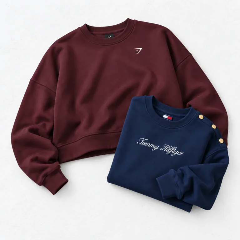 Gymshark TRAINING OVERSIZED BOXY SWEATSHIRT and Tommy hilfiger Gold-Button Script Logo Sweatshirt arranged on a white cement background